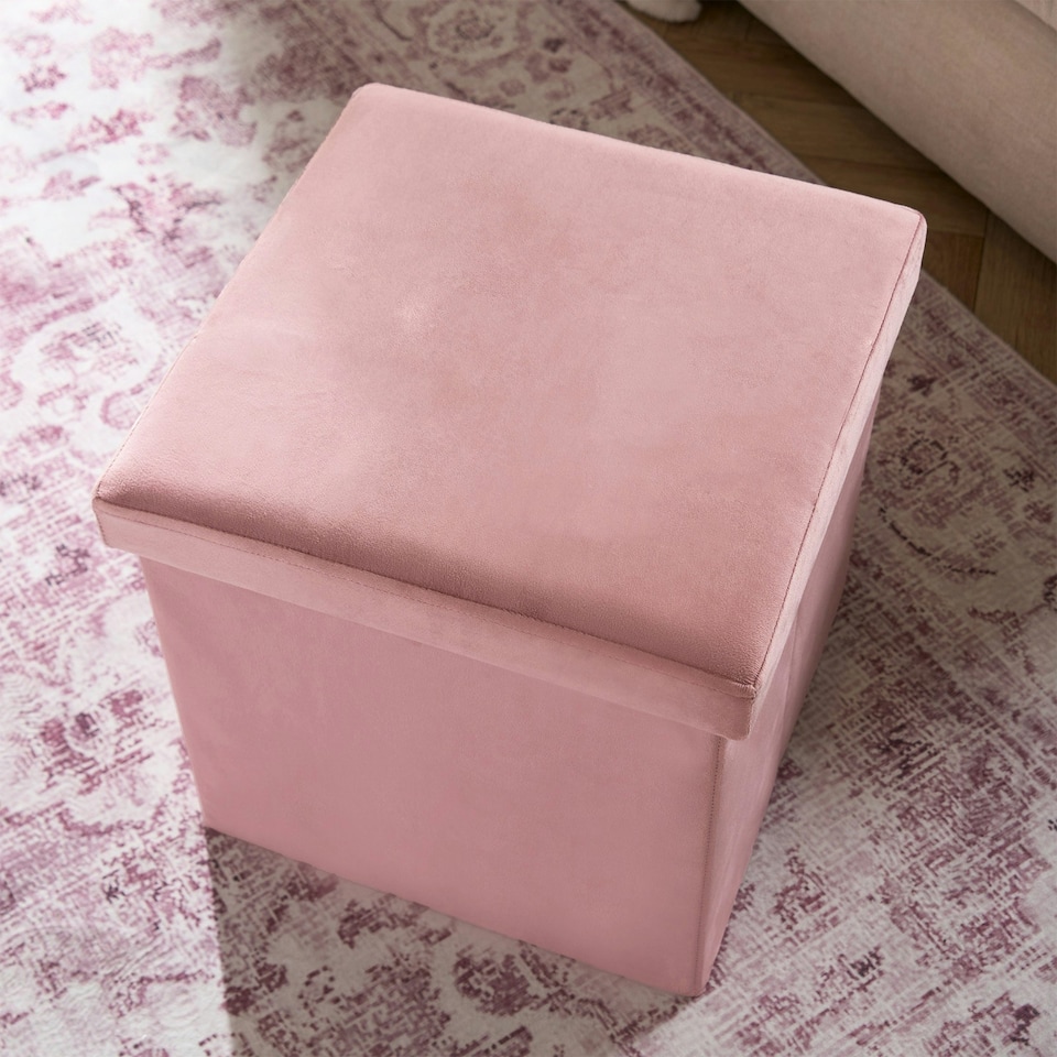 image 1 of OHS Matte Velvet Soft Foldable Cube Footstool Seat Storage Organiser Ottoman Pink | Blush Pink
