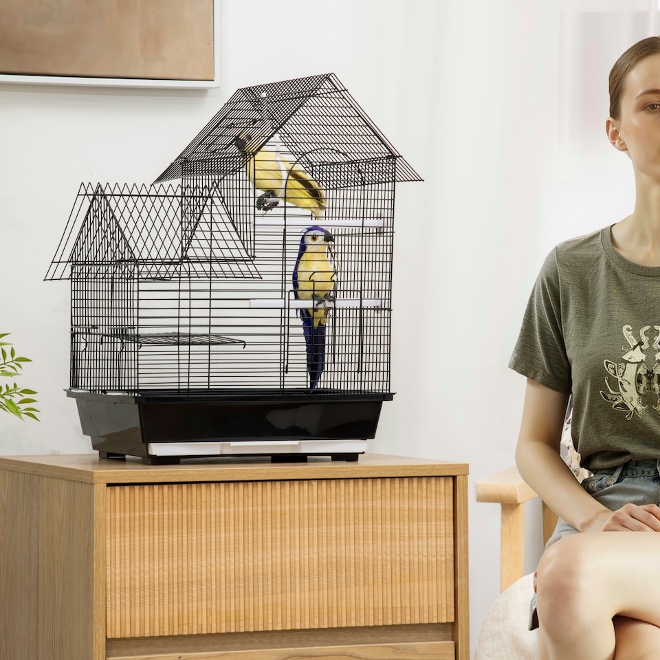 image 1 of PawHut Metal Bird Cage, With Plastic Perch, Swing Ring, Handle, 39 x 33 x 47cm