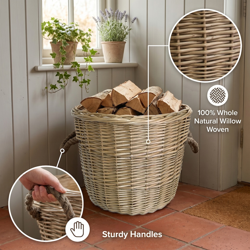 image 1 of Wickerfield Round Wicker Log Basket with Rope Handles and Fabric Lining