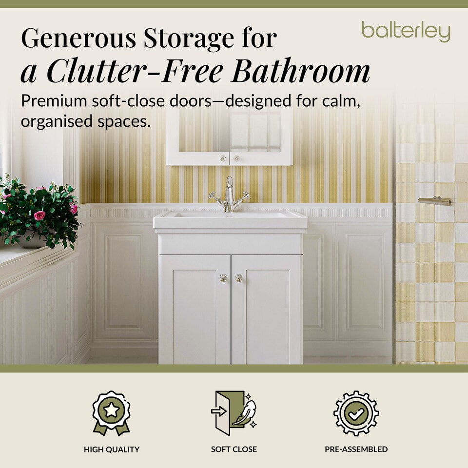 image 1 of Balterley Classic Traditional Bathroom Floor Standing 2-Door Vanity Unit & Fireclay Basin | White | Satin White