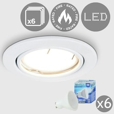 ValueLights Pack of 6 Fire Rated White Tiltable GU10 Recessed Ceiling Downlights - Complete with 5w LED Bulbs 3000K Warm White | White