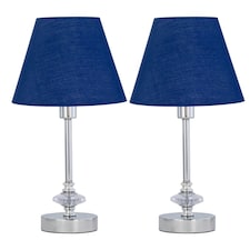 Set of 2 Chrome Jewelled Table Lamps with Navy Blue Shades Chrome | Blue