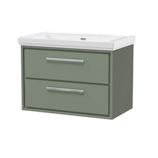 Balterley Modern Wall Hung 2-Drawer Bathroom Vanity with Fireclay Basin - Vanity Basin Units, No Tap Holes | Green | Reed Green | 606 x 830 x 471mm