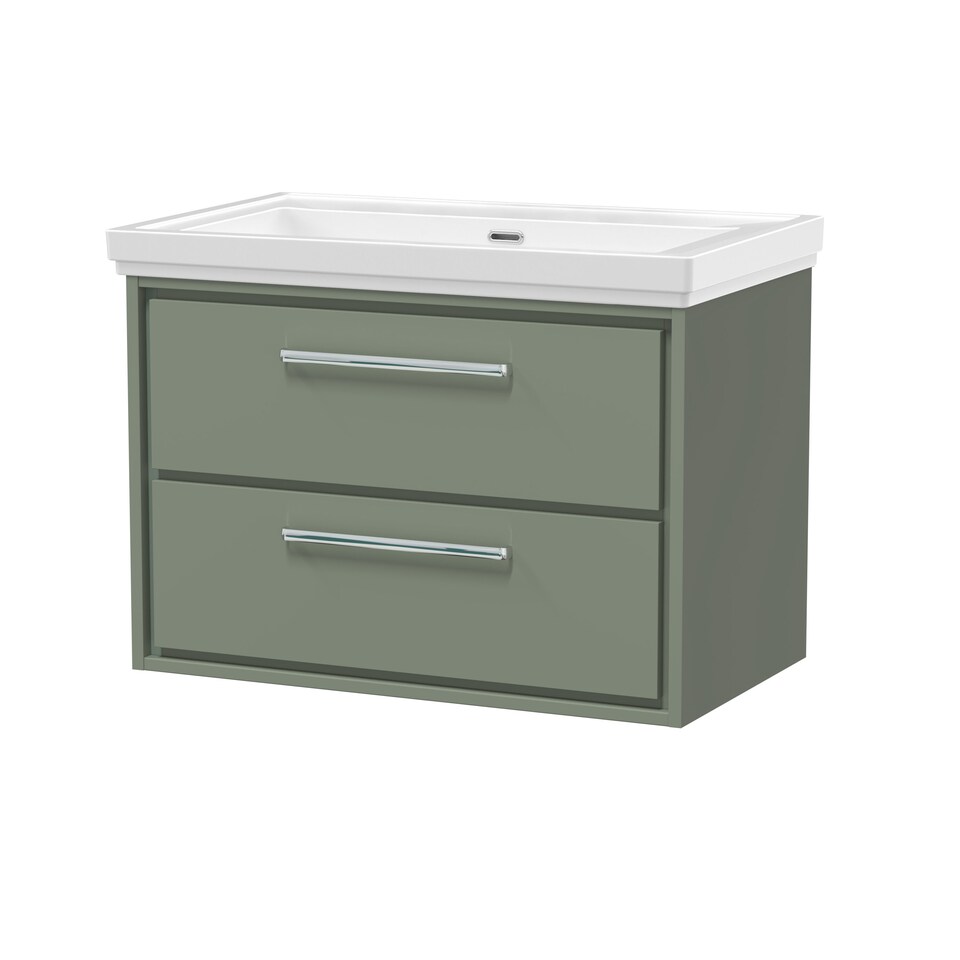 image 1 of Balterley Modern Wall Hung 2-Drawer Bathroom Vanity with Fireclay Basin - Vanity Basin Units, No Tap Holes | Green | Reed Green | 606 x 830 x 471mm