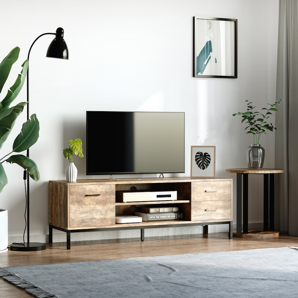image 1 of HOMCOM Entertainment Centre for TV up to 50 Inches, TV Cabinet with Door, Open Storage and Drawers, TV Stand for Bedroom with Steel Legs, Coffee