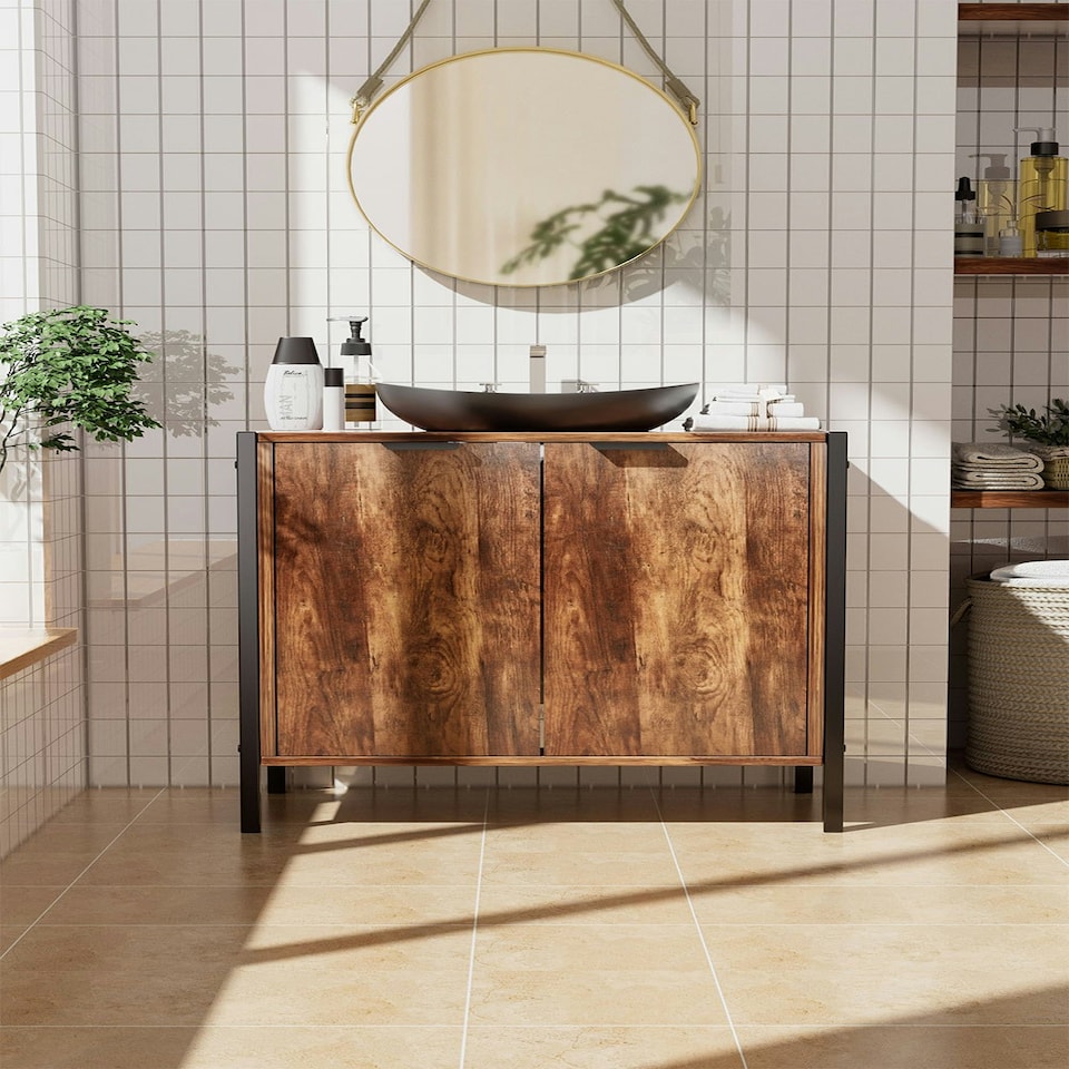 image 1 of Living and Home Double Door U-Shaped Under Sink Cabinet - Walnut Brown 60x30x60cm Brown