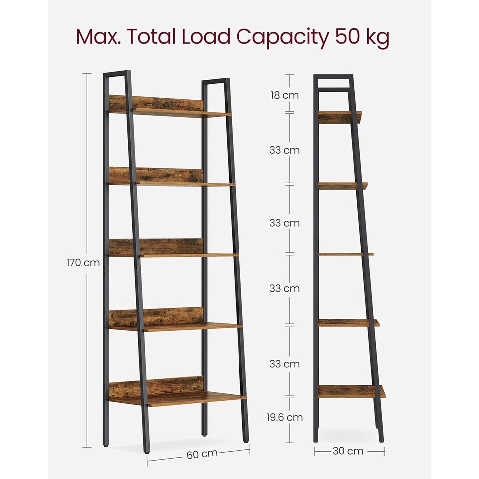 image 1 of 5-Tier Vertical Ladder Shelf Bookcase, Compact Industrial Storage Rack, Rustic Brown and Ink Black