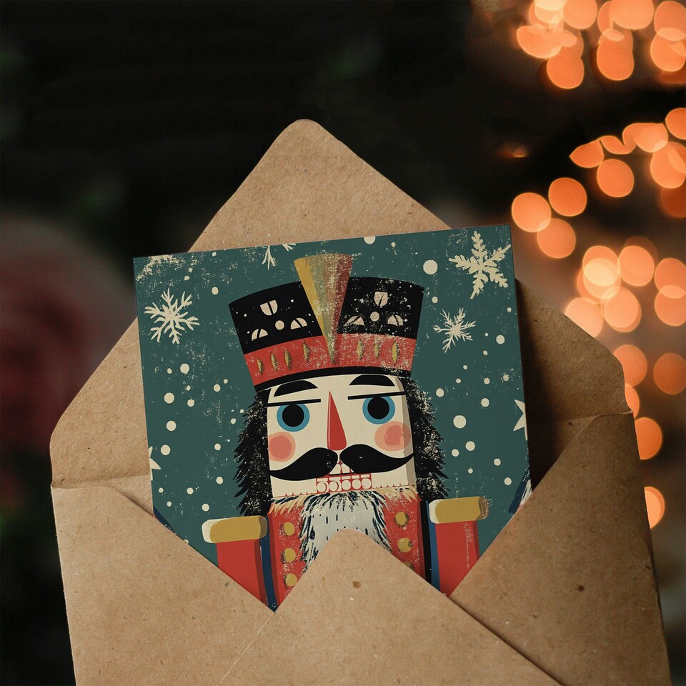 image 1 of Nutcracker Soldier Doll Pine Trees Snow Blank For Him Or Her Art Xmas Festive Christmas Card