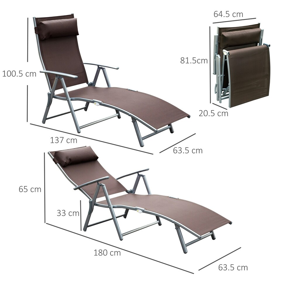 image 1 of Outsunny Sun Lounger Steel Frame Outdoor Folding Chaise Texteline Lounge Chair Recliner with Headrest & 7 Levels Adjustable Backrest, Brown