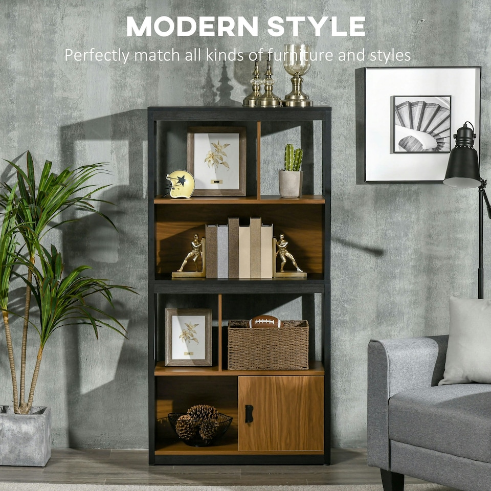 image 1 of HOMCOM 4-Tier Bookshelf Freestanding Bookcase W/ Storage for Study Walnut Brown
