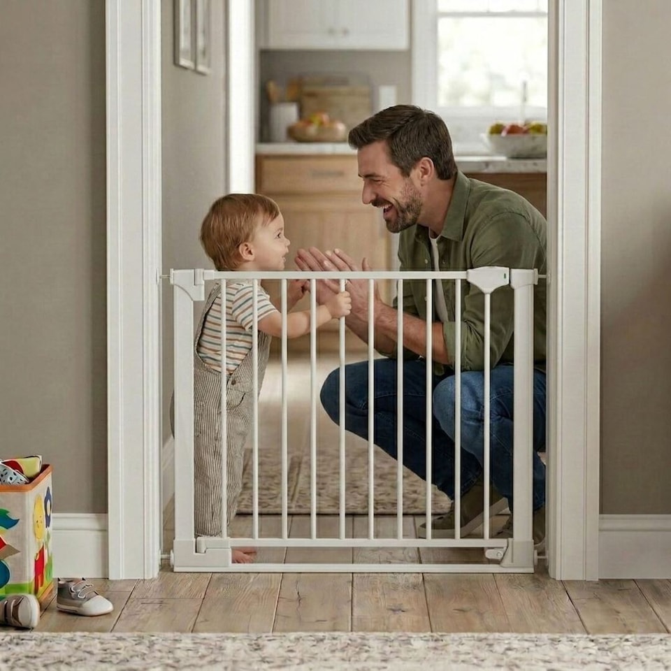 image 1 of Safetots SafeStep Gate, White, 110cm - 117cm, Extra Low Walkthough, 81cm Extra Wide Doorway, Extra Wide Gate for Stairs, Hallways and Doors, Baby and Toddler, Easy Installation