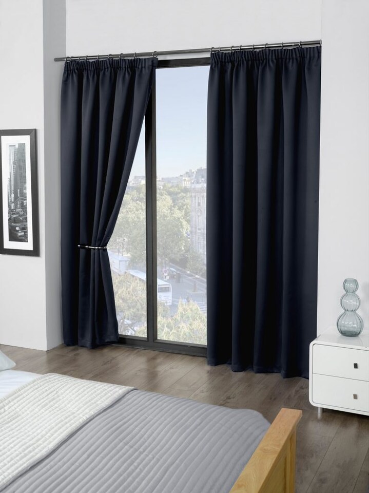 image 1 of Essential Woven Thermal Blackout Pencil Pleat Curtains 228cm x 228cm Black | Black | Black