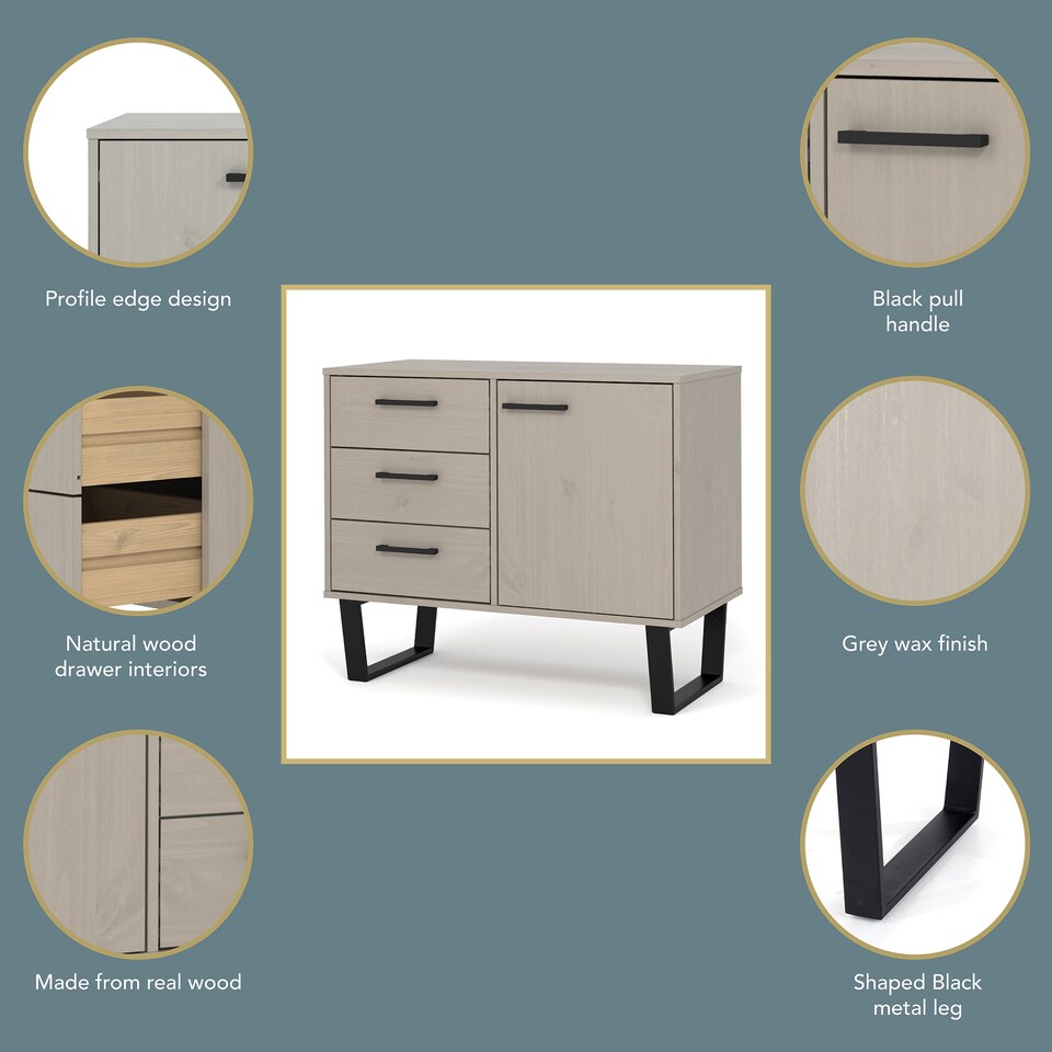 image 1 of Texas 1 Door 3 Drawer Sideboard in Antique Waxed Pine - Industrial Style with Metal Legs | Grey | Grey | One Size | 1