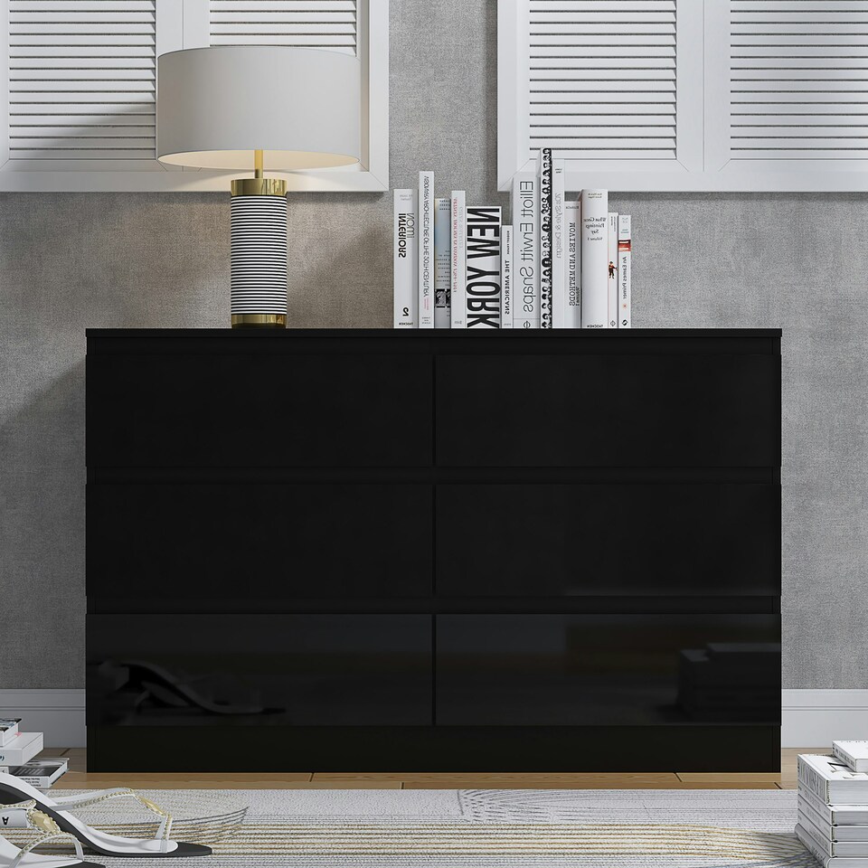 image 1 of FWStyle Stora 6 Drawer Wide 3+3 Chest Of Drawers - Black Gloss Front