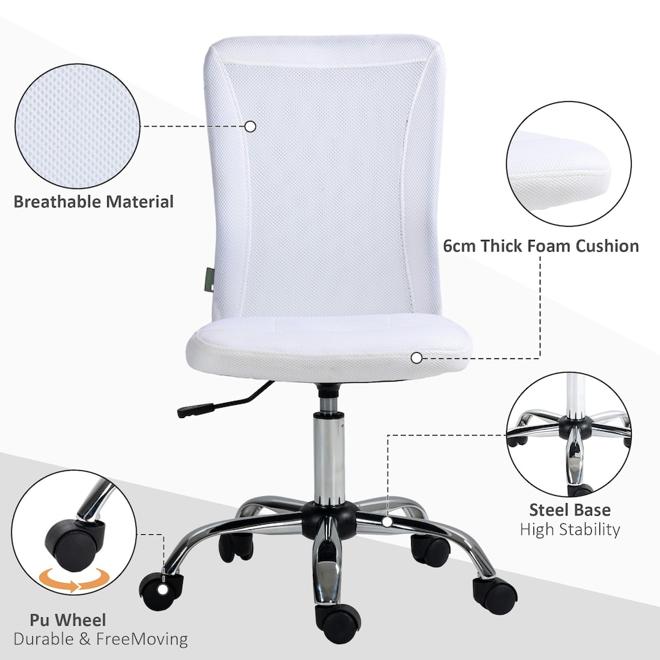 image 1 of Vinsetto Armless Office Chair with Adjustable Height Mesh Back Wheels White