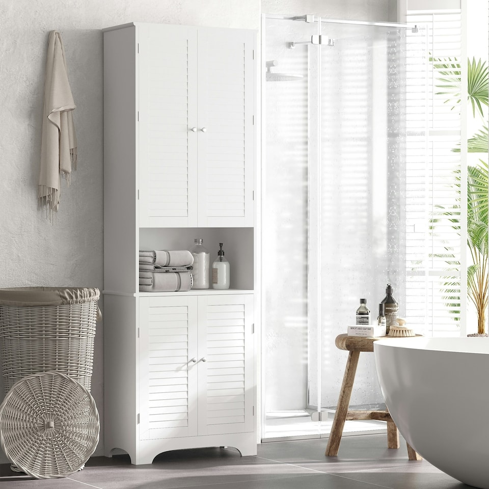 image 1 of HOMCOM 183x60cm Tall Freestanding Bathroom Cabinet Retro 3 Compartments White White