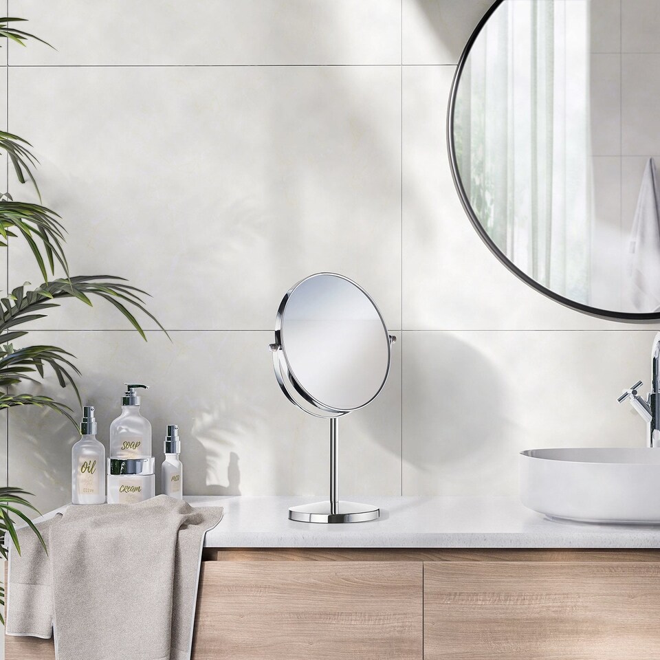 image 1 of BESLAGSBODEN Polished Chrome Double Sided Freestanding Bathroom Mirror