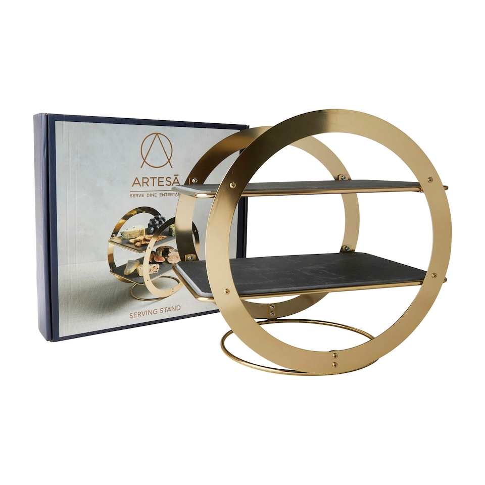 image 1 of Artesà 2-Tier Brass Geometric Serving Stand with Slate Black