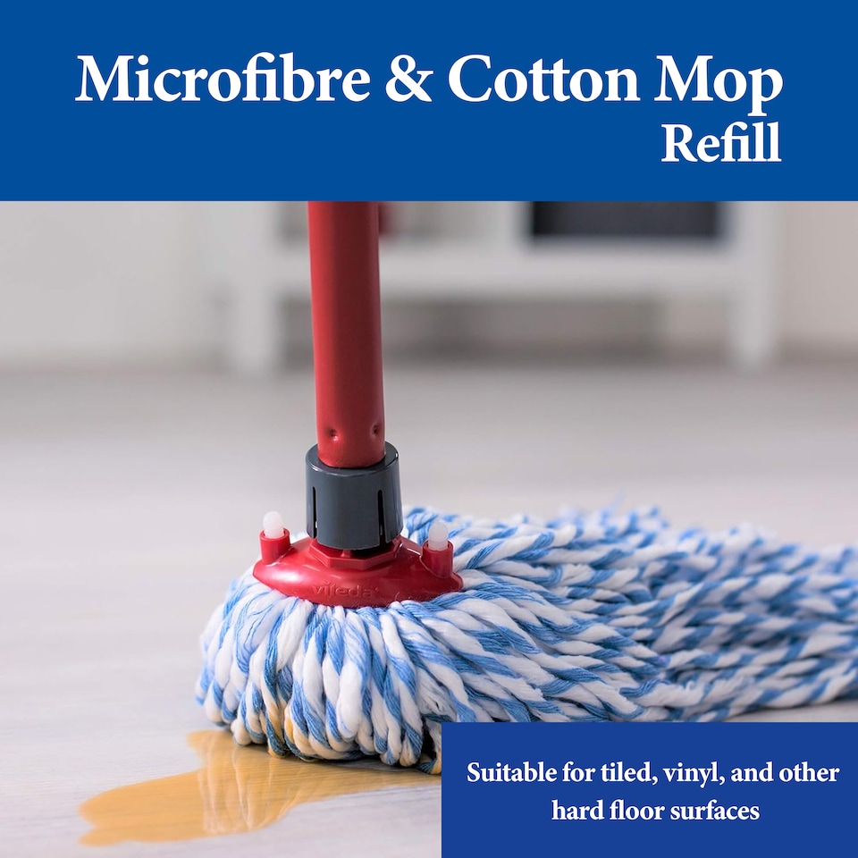 image 1 of Vileda Supermocio Microfiber Cotton Mop Refill Replacement Mop Heads for Corner Cleaning Machine Washable Pack of 2