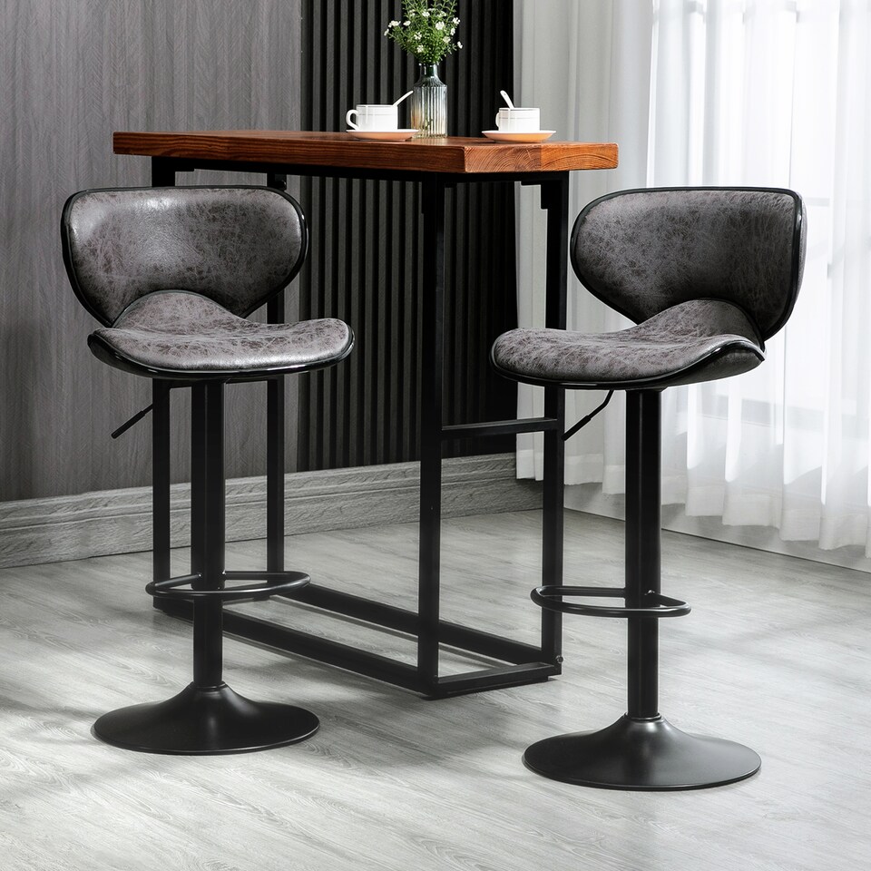 image 1 of HOMCOM Adjustable Bar Stools Set of 2, Swivel Leathaire Upholstered Barstools with Large Seat, Breakfast Bar Chairs with Back, Footrest and Steel Base, Dark Grey