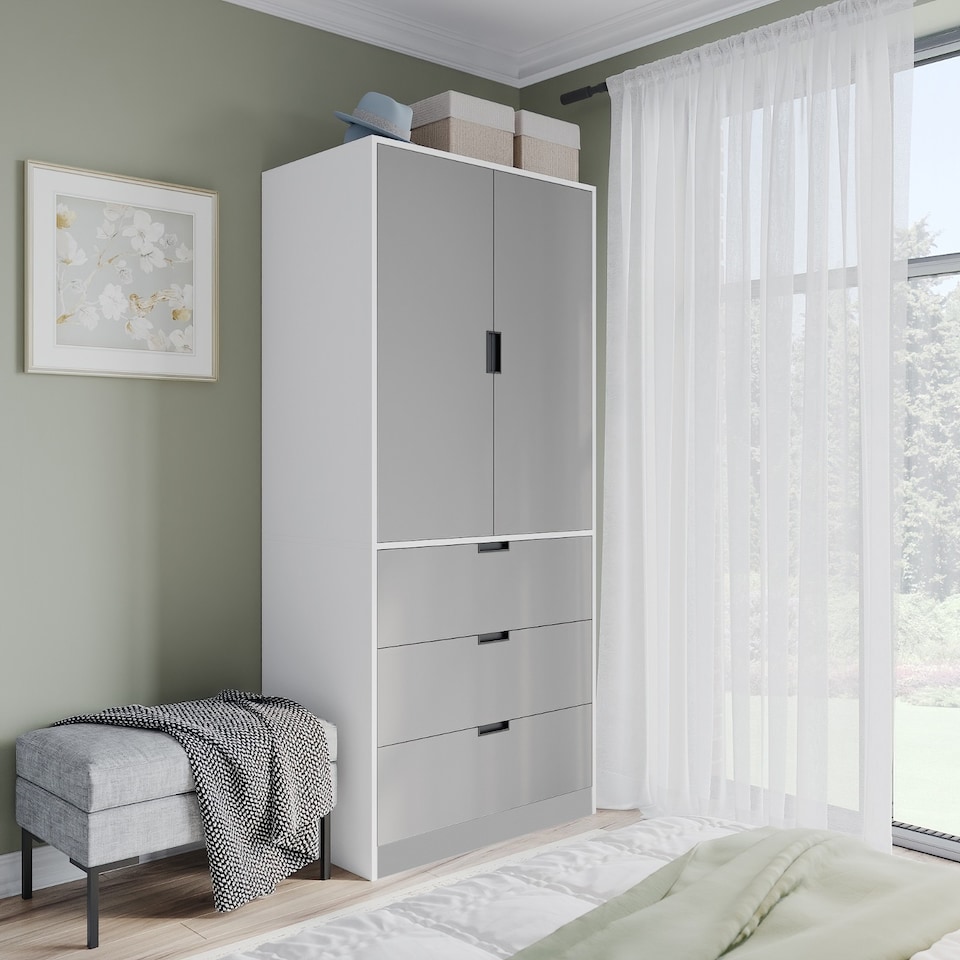 image 1 of 2 Door 3 Drawer Wardrobe with Hanging Rail - Modern Bedroom Storage Furniture | White | White with Grey Doors | 1