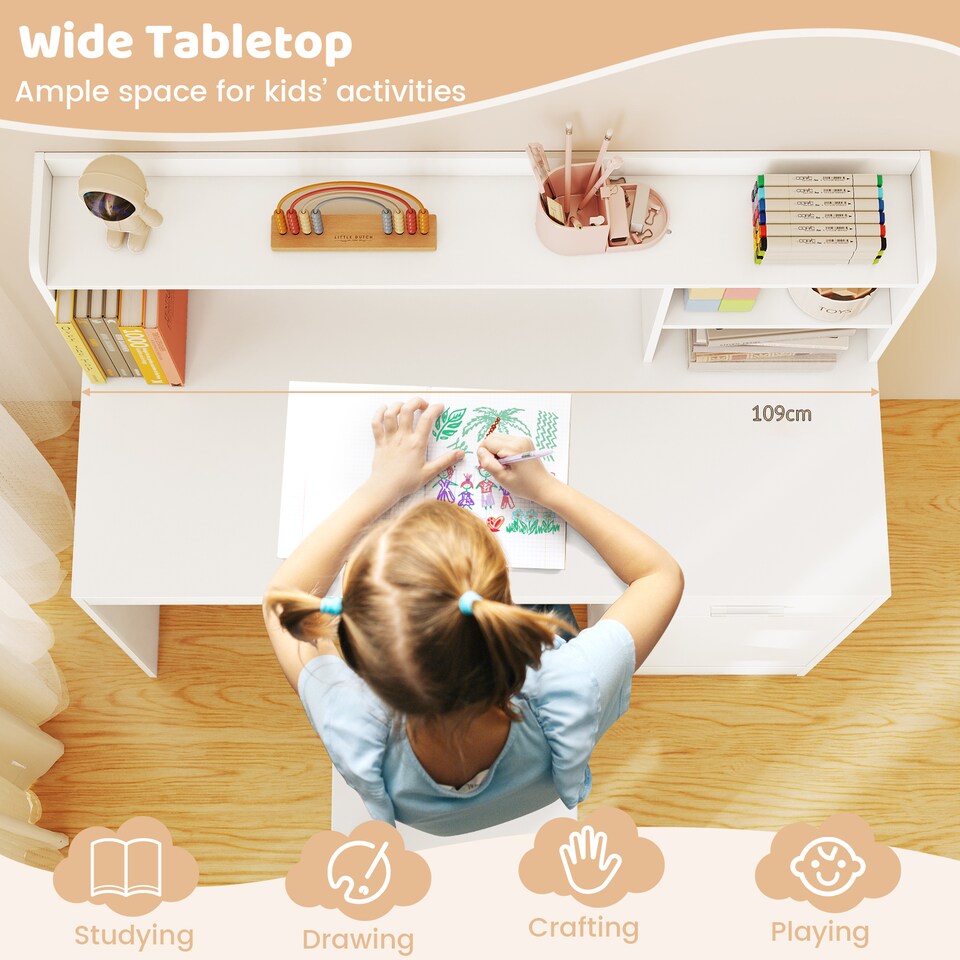 image 1 of COSTWAY Kids Study Desk and Chair Set Wooden Children Writing Table-White