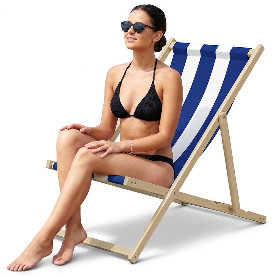 image 1 of Wooden Folding Deck Chair Garden, Beach & Patio Outdoor Chair | Blue