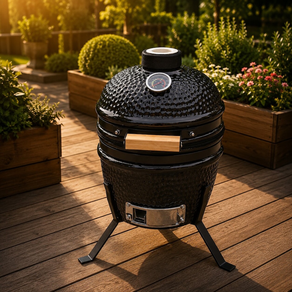 image 1 of Alivio Ceramic Kamado Charcoal BBQ Grill & Smoker with Thermometer, Egg Style Outdoor Barbecue for Grilling, Smoking & Roasting 13"