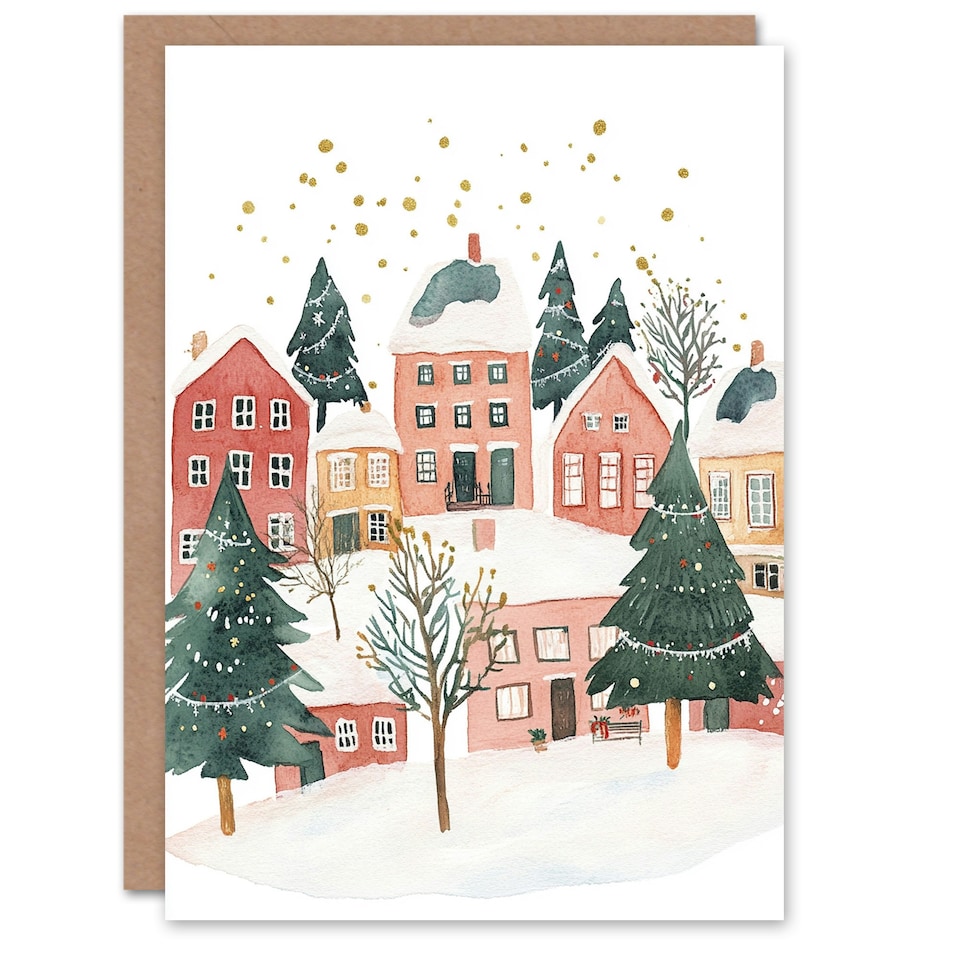 image 1 of Townscape Decorated Trees Festive Fun Xmas Art Blank Christmas Card