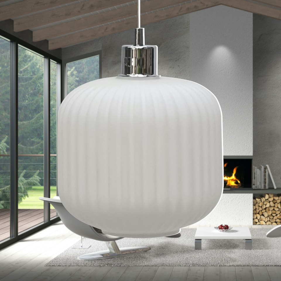 image 1 of Set of 2 Bento - White Ribbed Glass Easy Fit Pendant Shades | White | Medium | 2