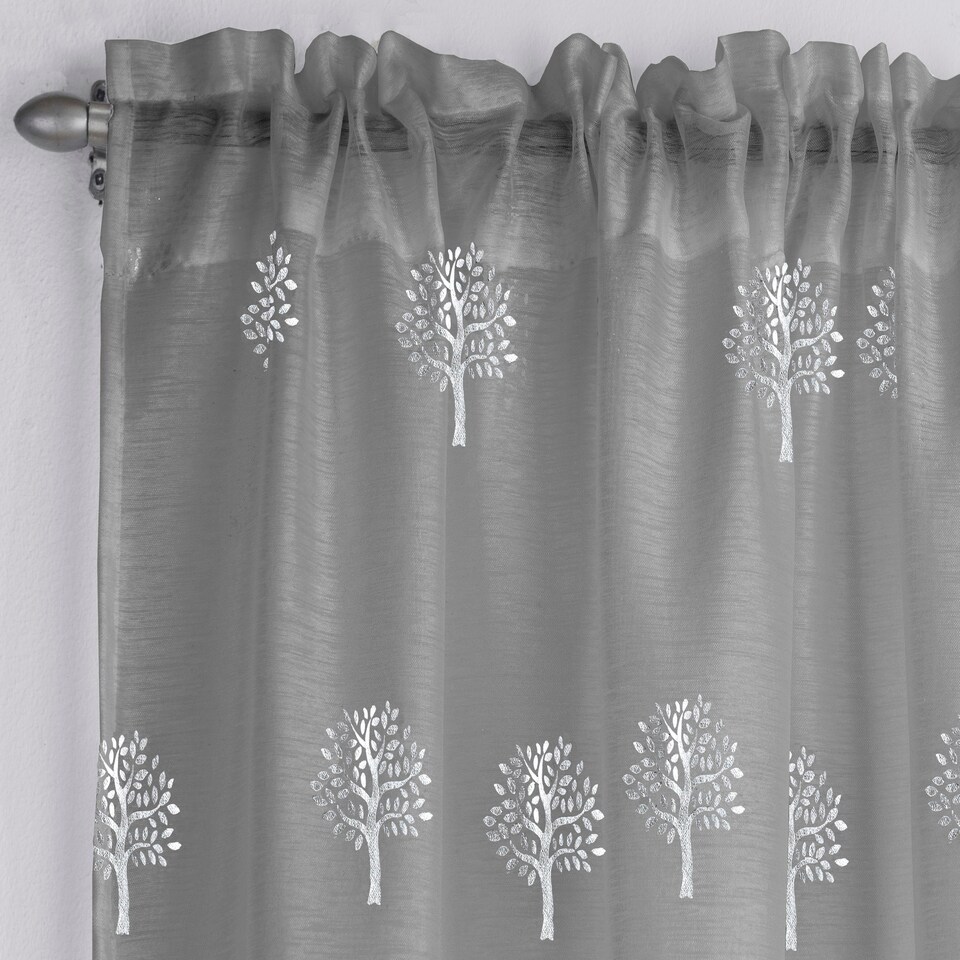 image 1 of Pair of Birch Grey Metallic Tree Print Voile Panels 137 cm (54 inch) Rod Pocket Panels for Bedroom and Living Room