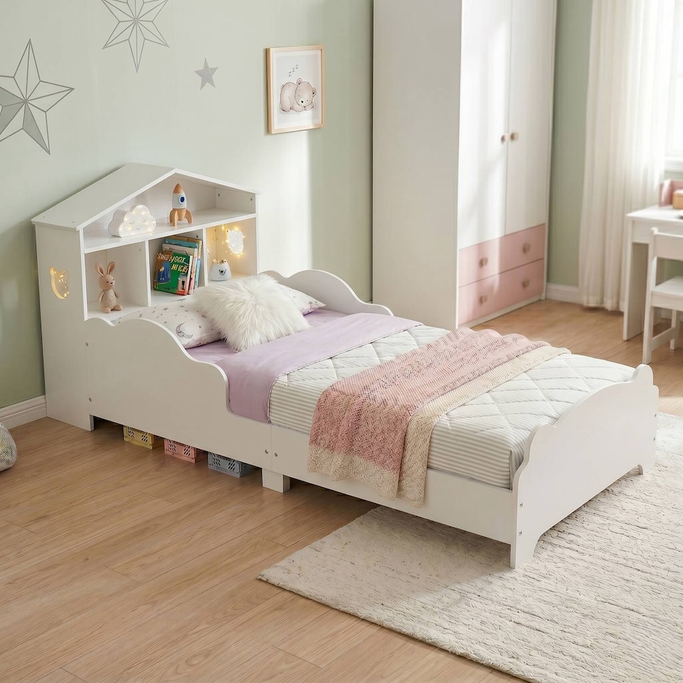 image 1 of TOTO Wooden Toddler Bed w/ Integrated Bookshelf Storage Junior Kids Frame - White