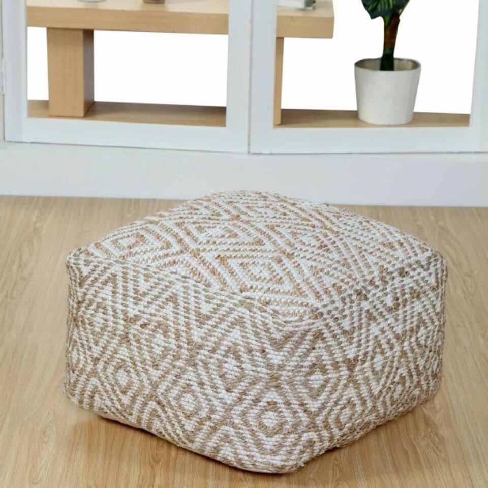 image 1 of Homescapes Sierra Natural Diamond Pattern Jute Square Bean Filled Pouffe - 60 cm