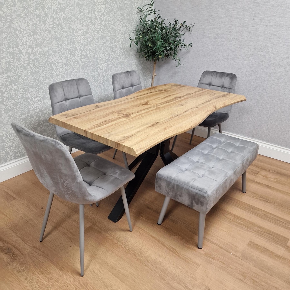 image 1 of Dining Table with 4 Grey Velvet Chairs and Padded Bench, Dining Room Furniture