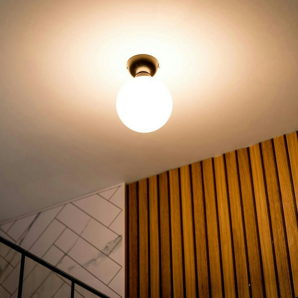 image 1 of ValueLights Orbital Matte Black Opal Glass Globe IP44 Rated Bathroom Flush Ceiling Light | Black