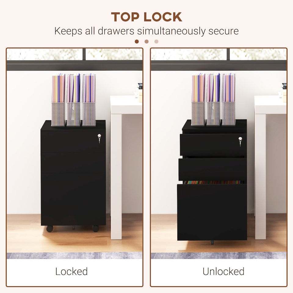 image 1 of Vinsetto 3-Drawer Vertical Filing Cabinet with Pencil Tray, Lock and 5 Wheels, Steel Mobile File Cabinet, for A4, Legal and Letter Size, Pre-Assembled Body, Black