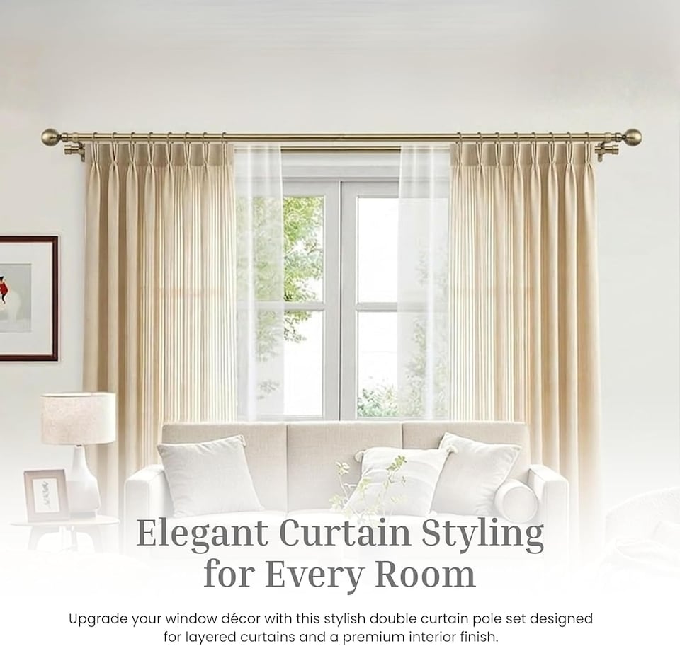 image 1 of Lister Cartwright Double Curtain Extendable Pole Set with Antique Brass Ball Finials- 19mm & 28mm Metal Poles(120- 320 cm)