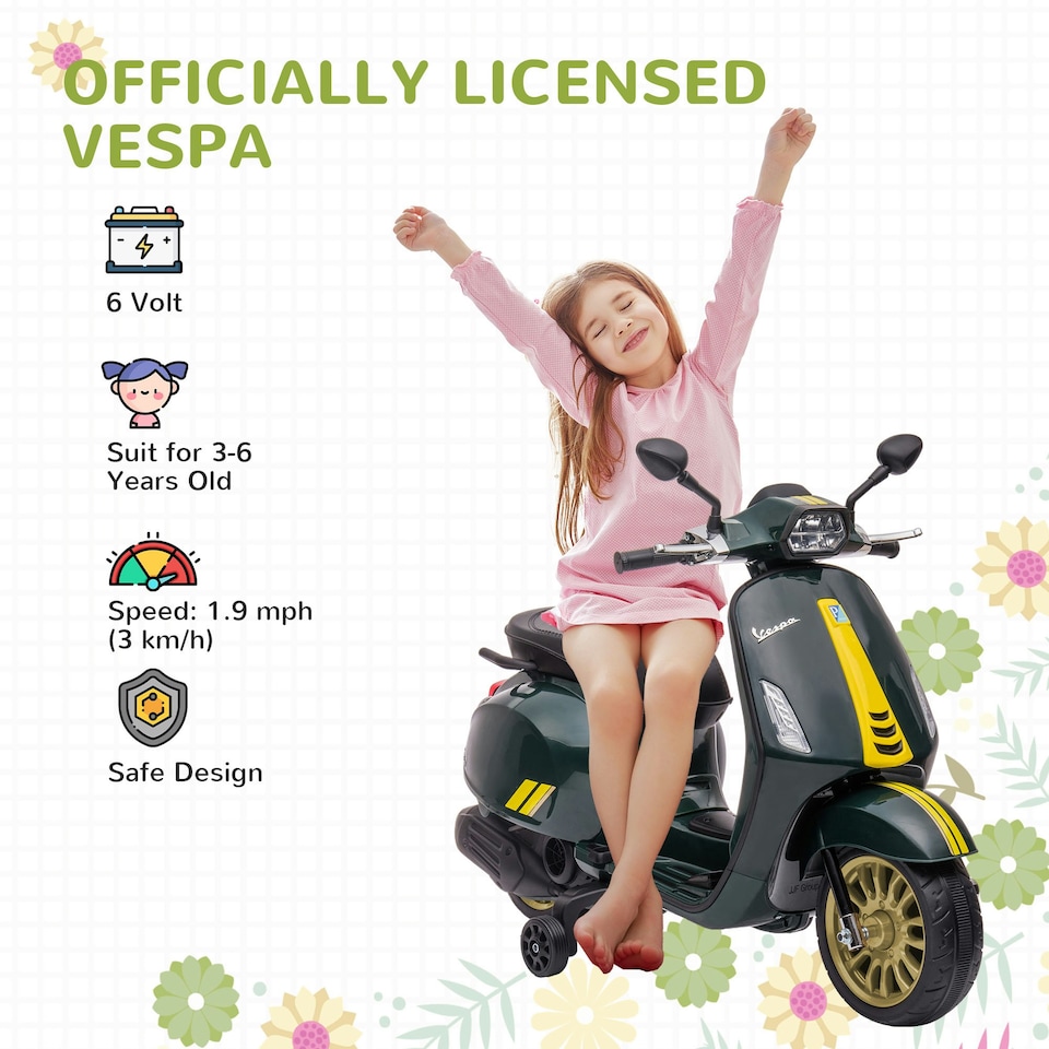 image 1 of AIYAPLAY Vespa Licensed 12V Kids Electric Bike w/ 2 Training Wheels, Green