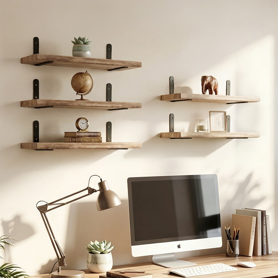 image 1 of Levede Floating Shelves Wood Wall Mounted Shelf Rustic Set of 5 Light Brown