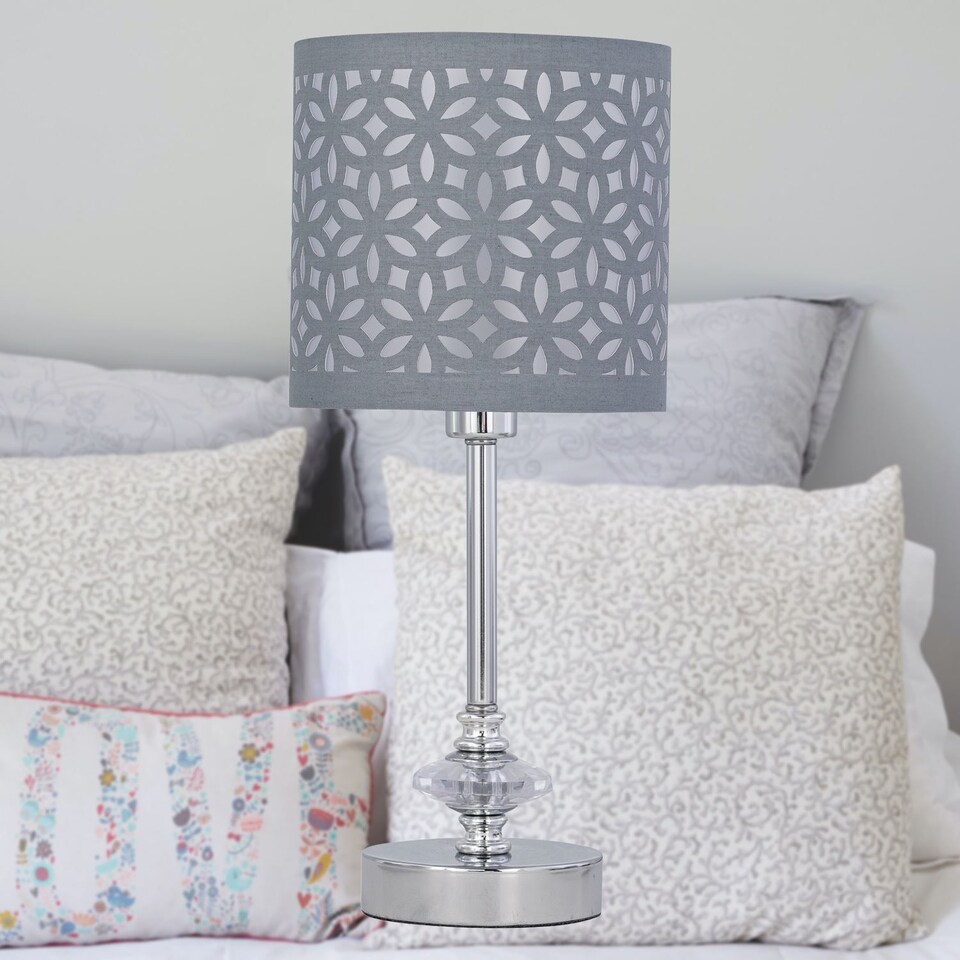 image 1 of Chrome Jewelled Table Lamp with Grey Cut Out Shade | Chrome | Grey | Medium | 1