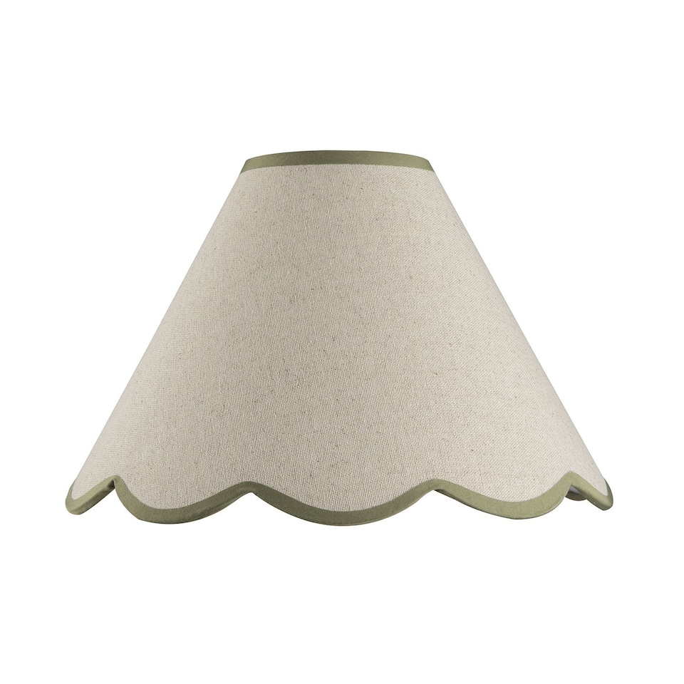 image 1 of Scallop Edge Natural Textured Linen Coolie Lamp Shade with Olive Trims | Green | Olive Green | 1