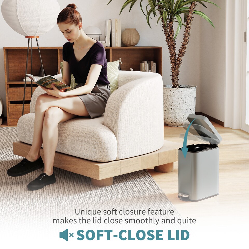 image 1 of HOMCOM 5L Rectangular Compact Bin Steel Body Removable Bucket Quiet-Close Lid w Pedal Lid Rubbish Trash Can Home Office Bedroom Bathroom Living Room Garbage Tidy Clean Grey | Grey | 1