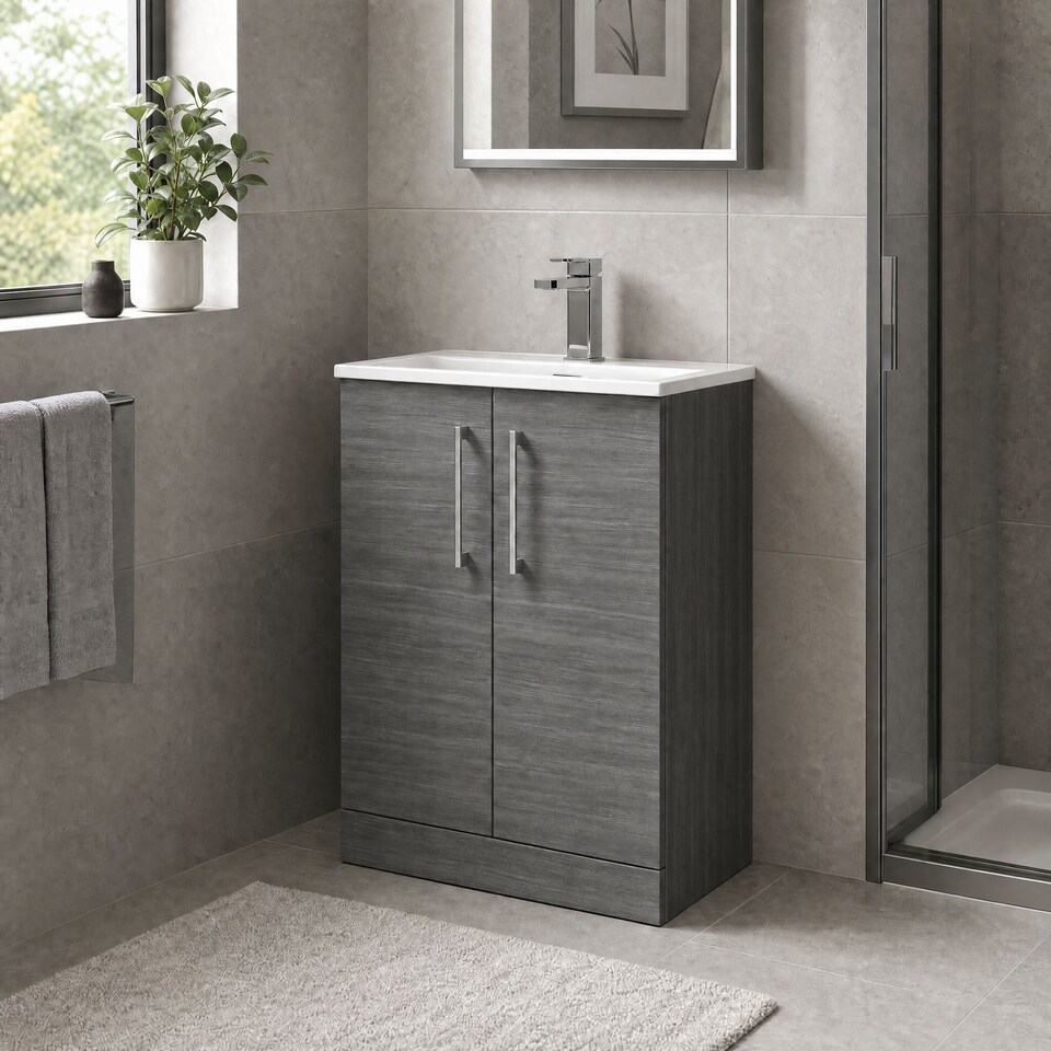 image 1 of Balterley Modern Bathroom 2 Soft Close Door Floor Standing Vanity & Basin | Grey | Anthracite Woodgrain | 830 x 610 x 440mm