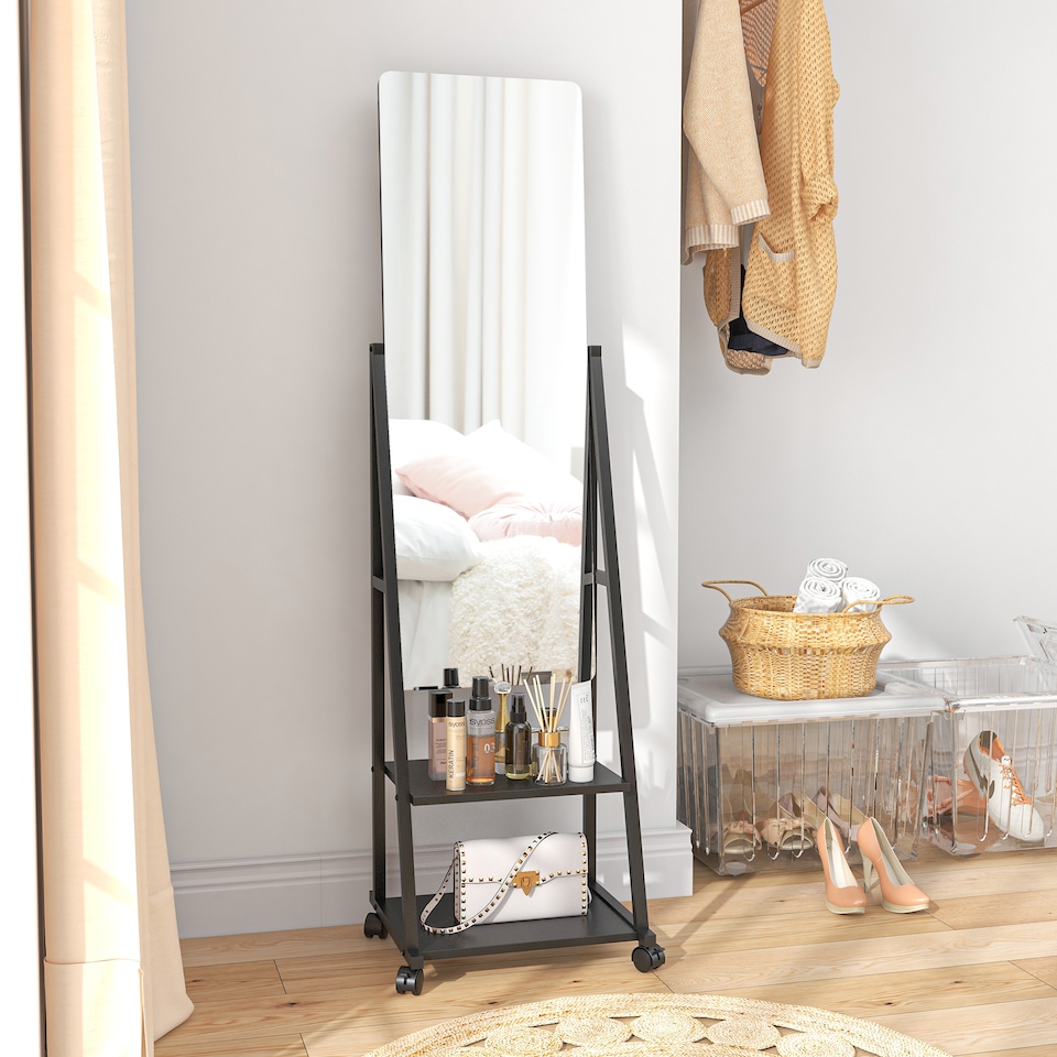 image 1 of HOMCOM Free Standing Full Length Mirror, Rolling Full Body Mirror with Adjustable Angle, 2 Storage Shelves and 4 Wheels for Bedroom, Living Room, Hallway, Black