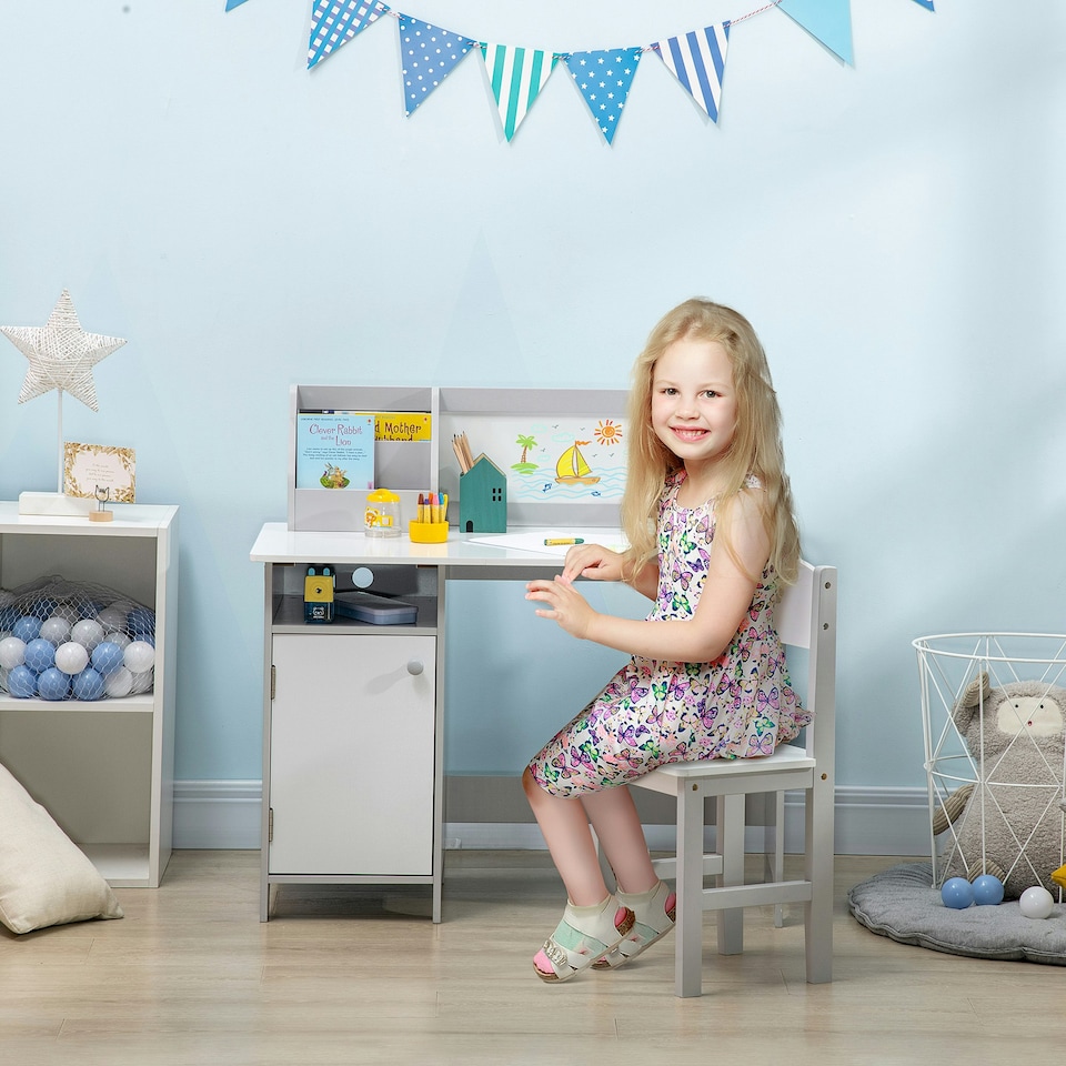 image 1 of HOMCOM Kids Table and Chair Set 2 PCs Table and Chair Set w/ Whiteboard Grey