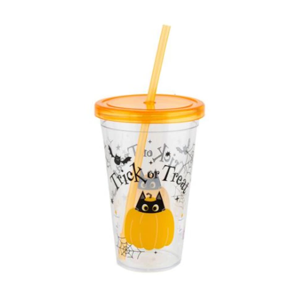 Halloween Yellow Trick Or Treat Drinking Cup With Straw