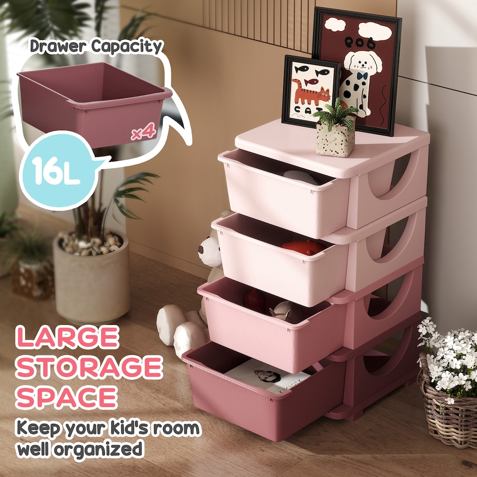 image 1 of HOMCOM 4 Drawers Plastic Storage Units, 4 Tier Kids Storage Units, Children Toy Chest for Nursery, Playroom, Bedroom, Pink | Pink