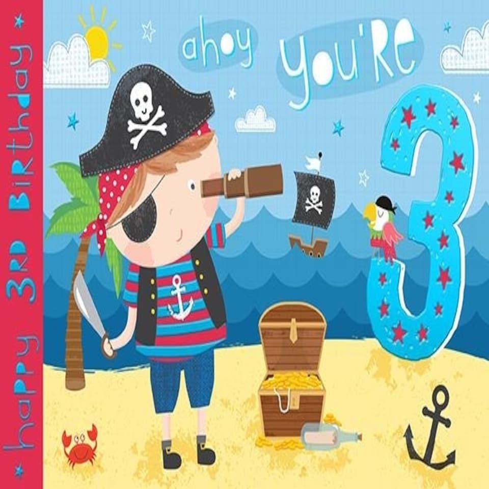 Words 'n' Wishes Boy Happy 3rd Birthday Card - Pirate Treasure Parrot