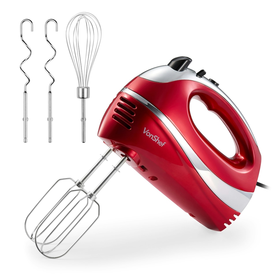 image 1 of VonShef 300W Red Hand Mixer Electric Whisk with 5 Speeds