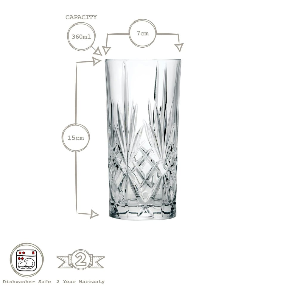 image 1 of RCR Crystal Melodia Highball Glasses - 360ml - Pack of 6 - Juice Glass Dishwasher Safe Drinking Glass Drinks Glass Clear